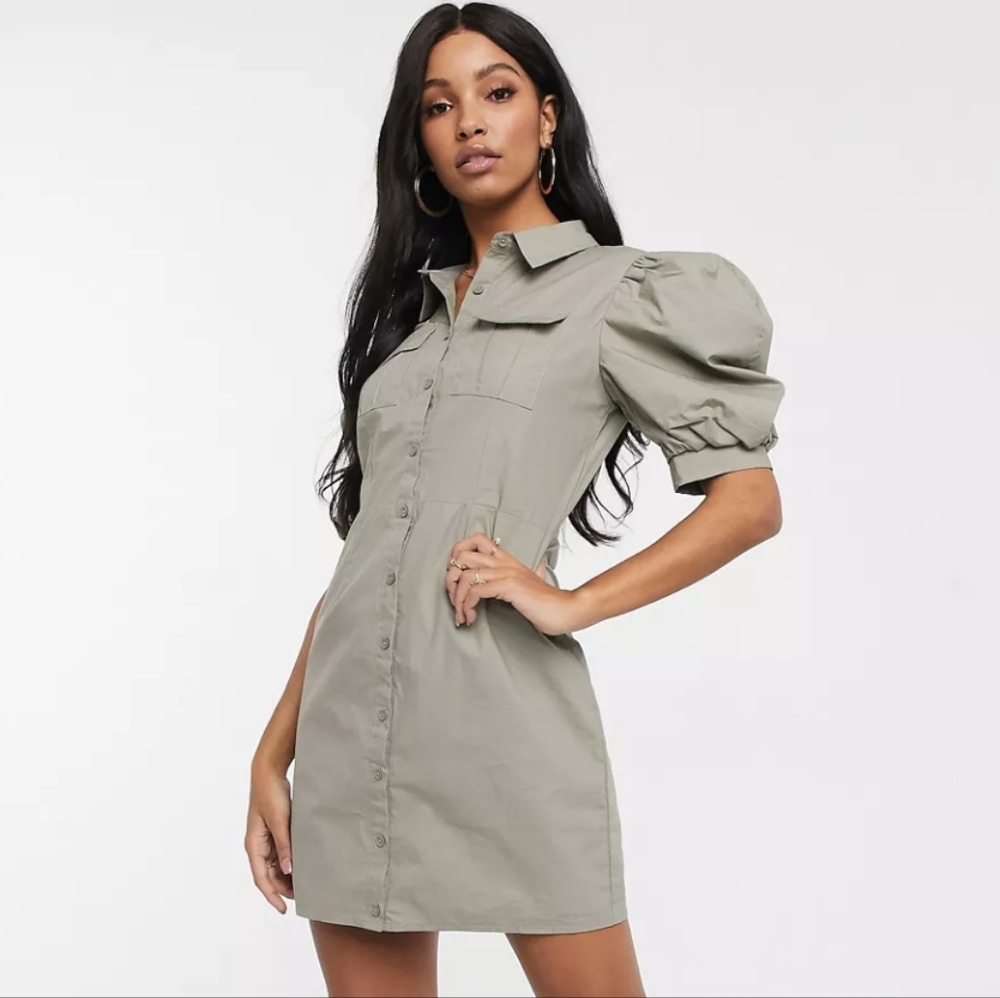MISSGUIDED puff sleeve poplin shirt dress in sage size 4